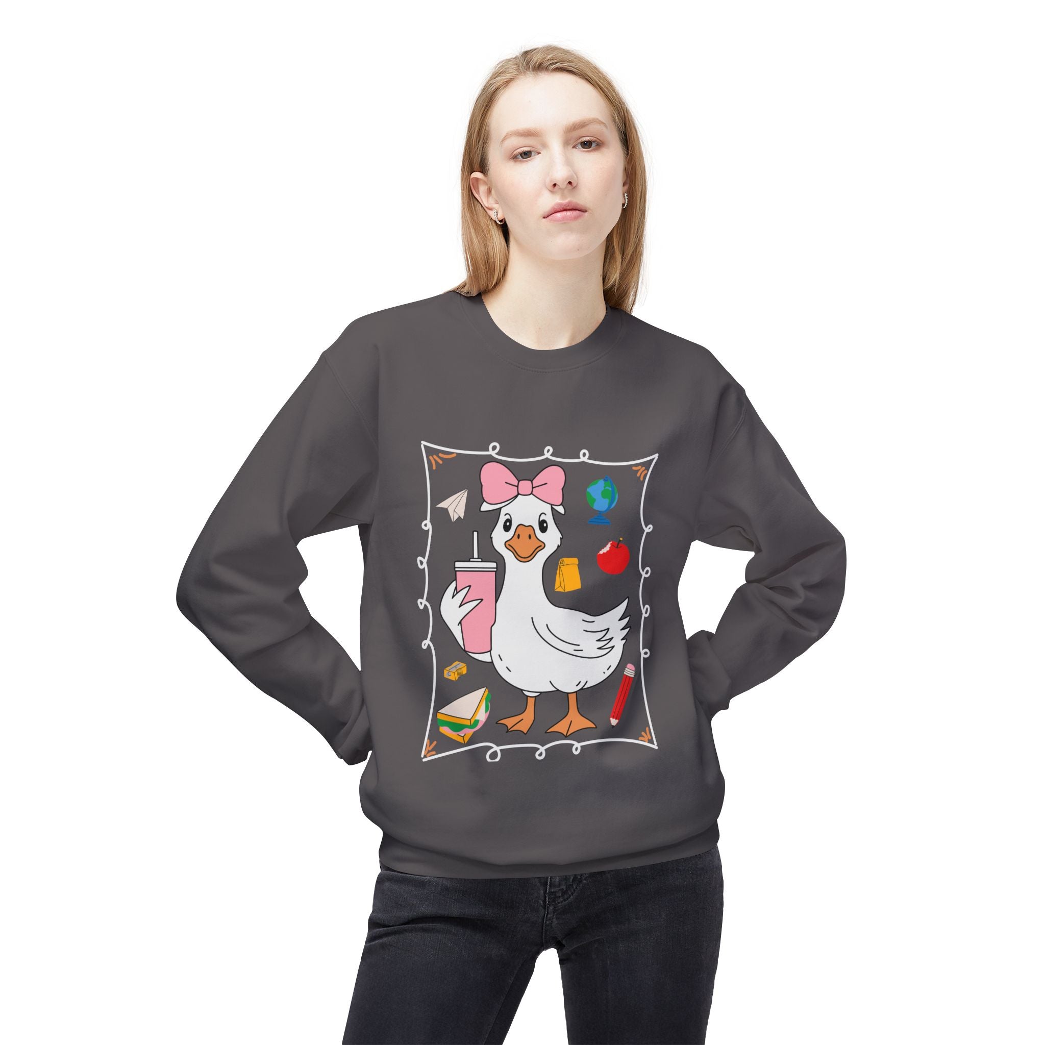 Cute Goose Drinking Fleece Crewneck Sweatshirt- Unisex