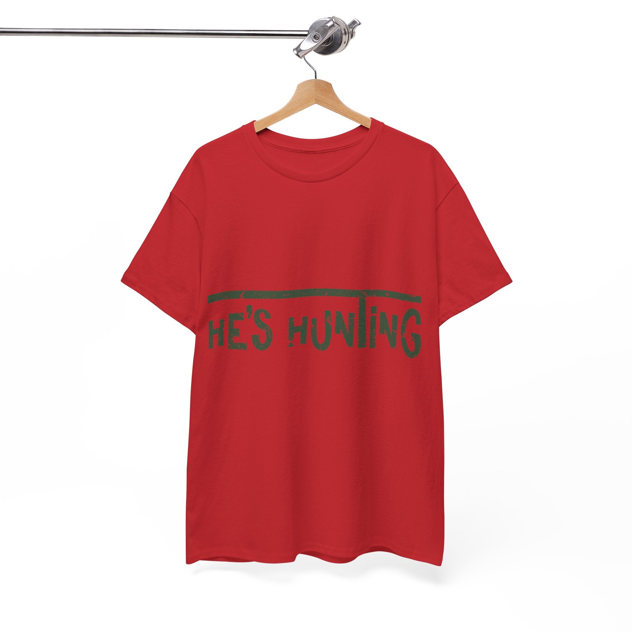 He’s Hunting Distressed Tee — Minimalist Tan Hunting Unisex Cotton Tshirt