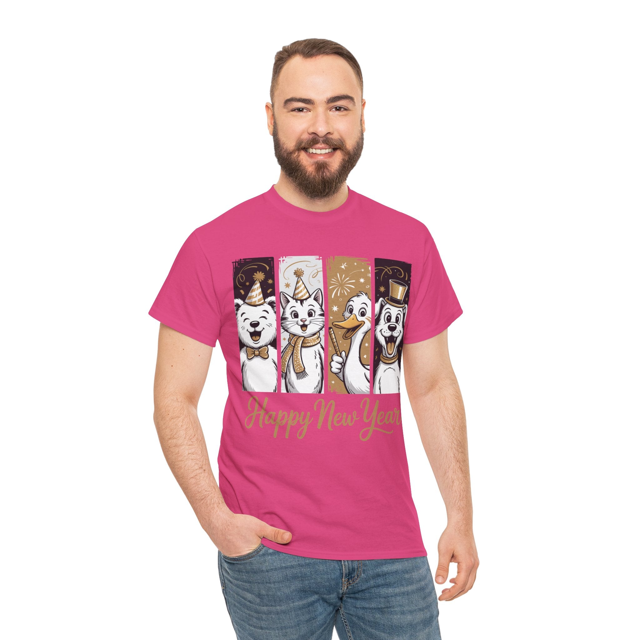 Happy New Year Party Animals T-Shirt — Cute Smiling Animals in Party Hats & Gold Fireworks..Unisex Cotton Tee