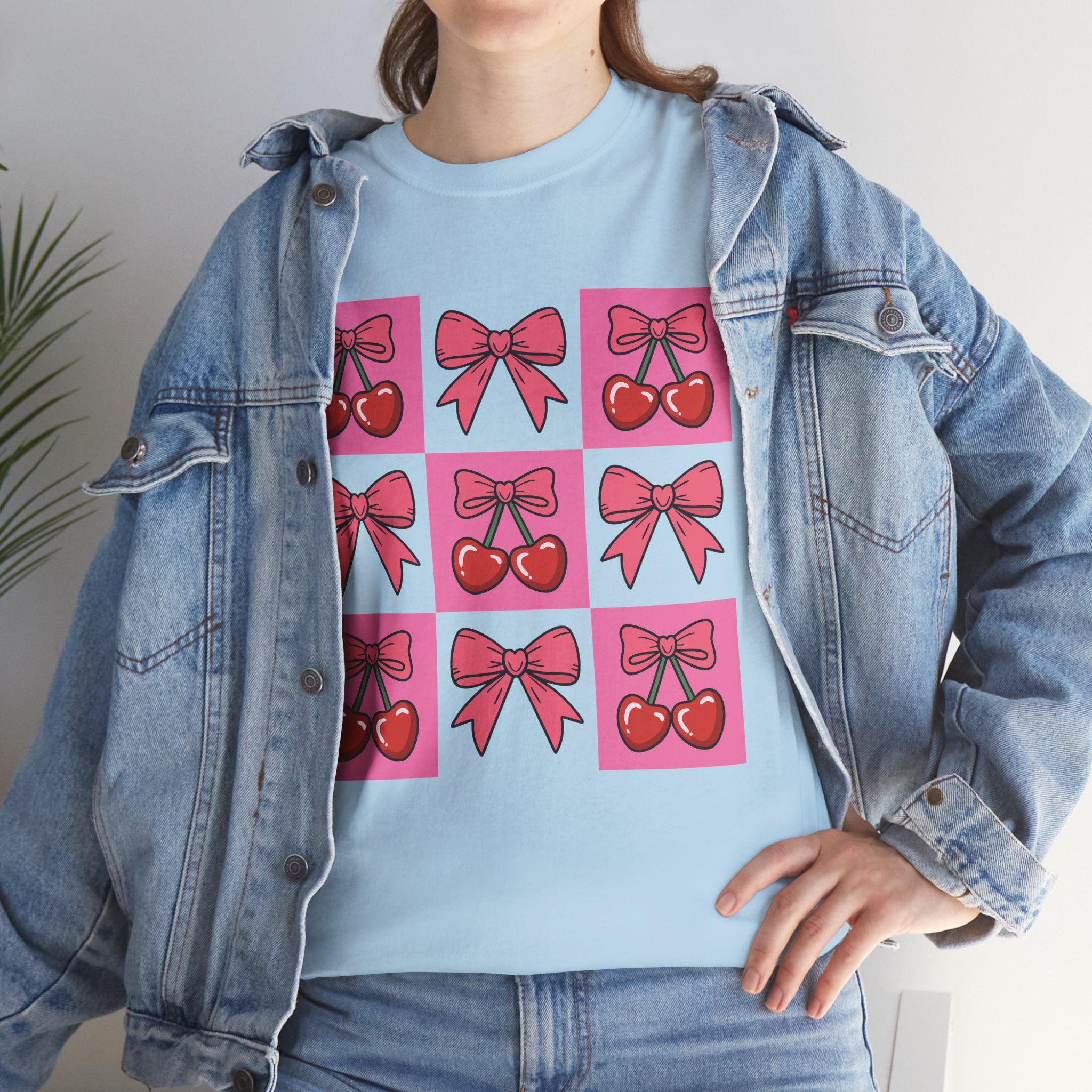 Cherry & Pink Bow Checkered Unisex Cotton Tee
