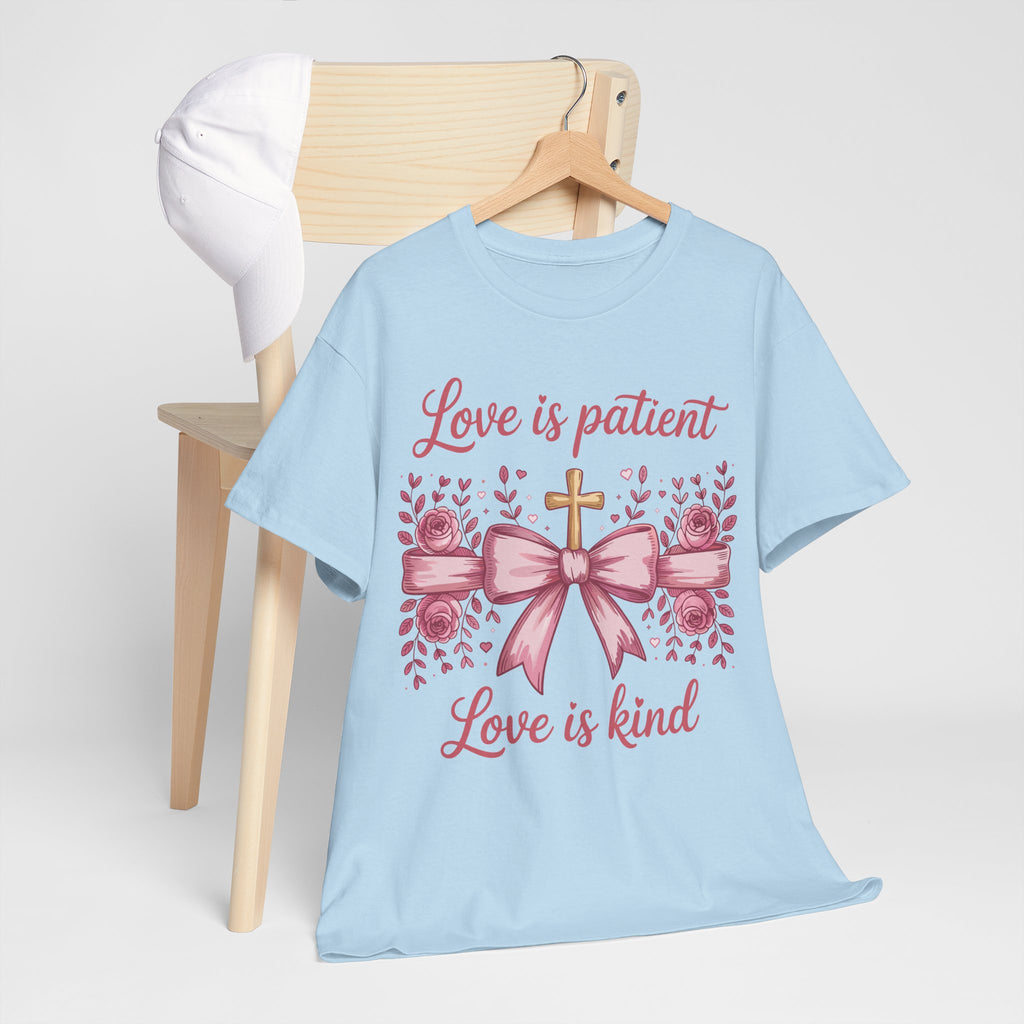 Christian Floral Tee — "Love is Patient, Love is Kind" Pink Rose Cross. Unisex Cotton Tee
