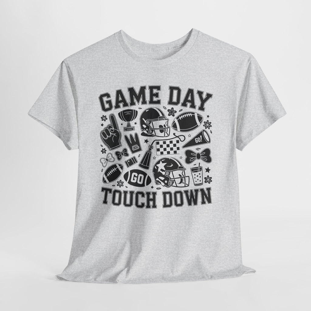 Game Day Touch Down Football T‑Shirt — Helmet & Cheer Monochrome Design Unisex Cotton Tee