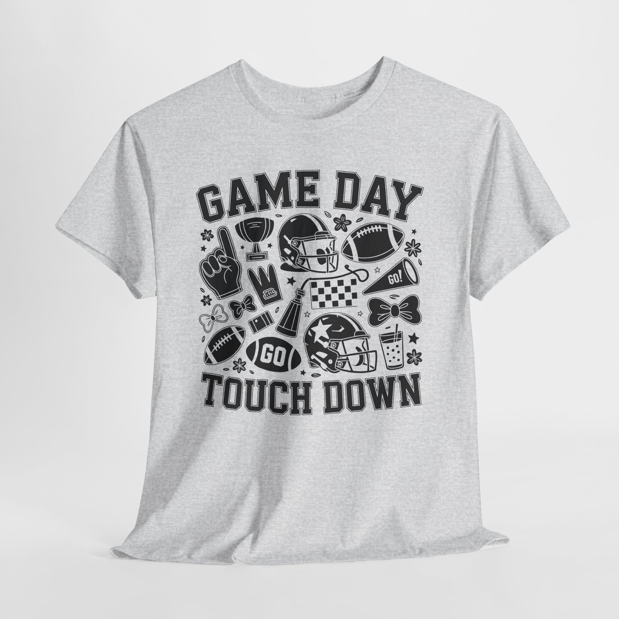 Game Day Touch Down Football T‑Shirt — Helmet & Cheer Monochrome Design Unisex Cotton Tee