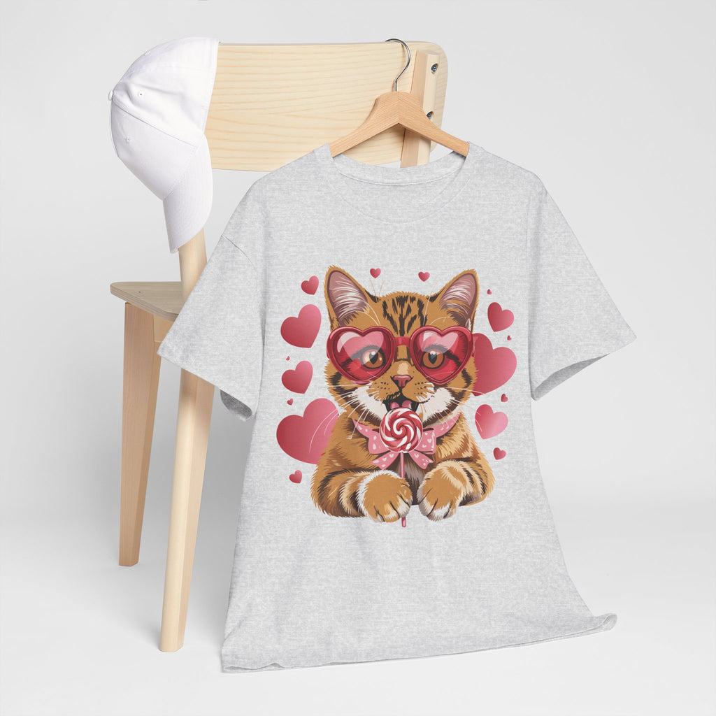 Valentine Cat Tee — Heart Glasses, Lollipop Bow Unisex Cotton Tee