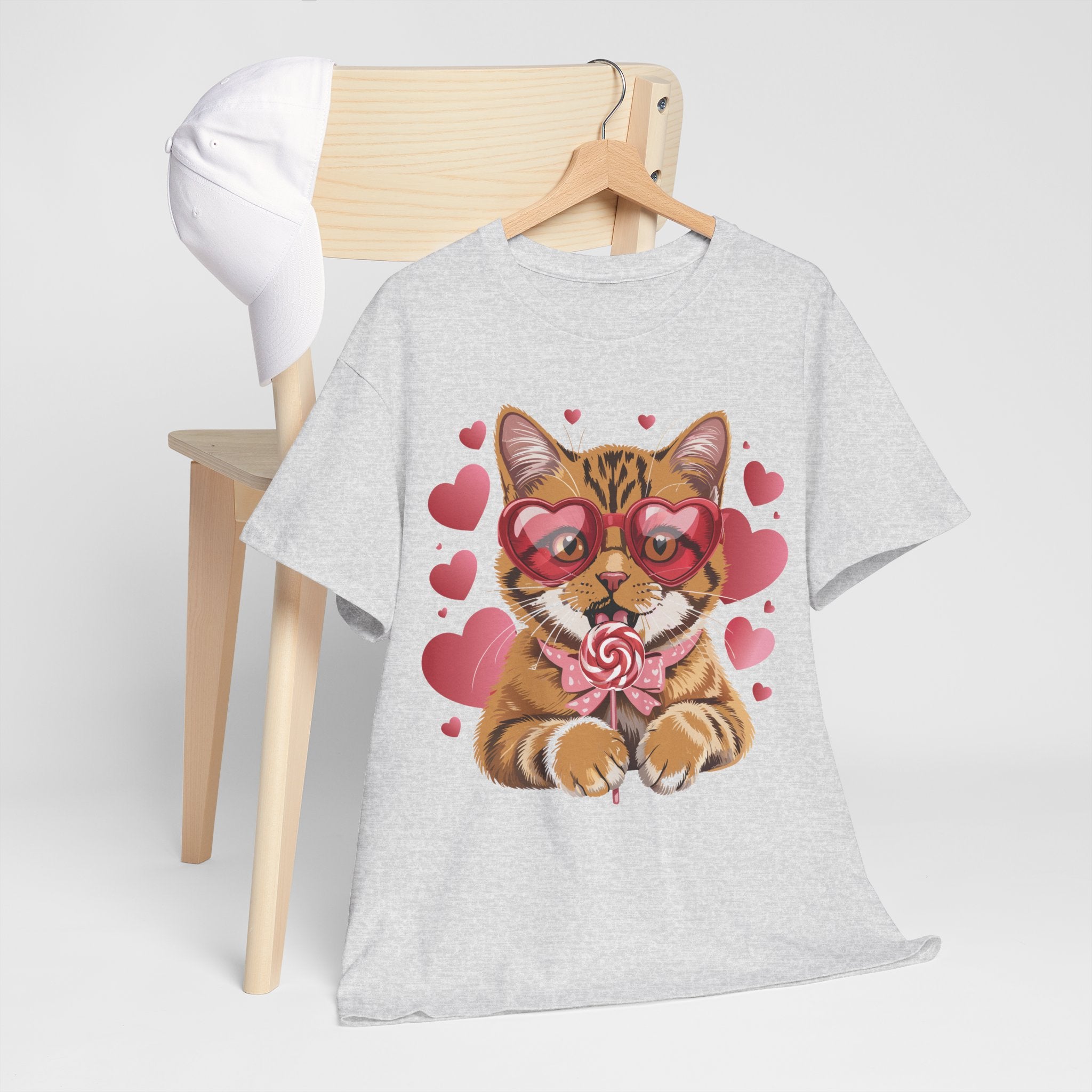 Valentine Cat Tee — Heart Glasses, Lollipop Bow Unisex Cotton Tee