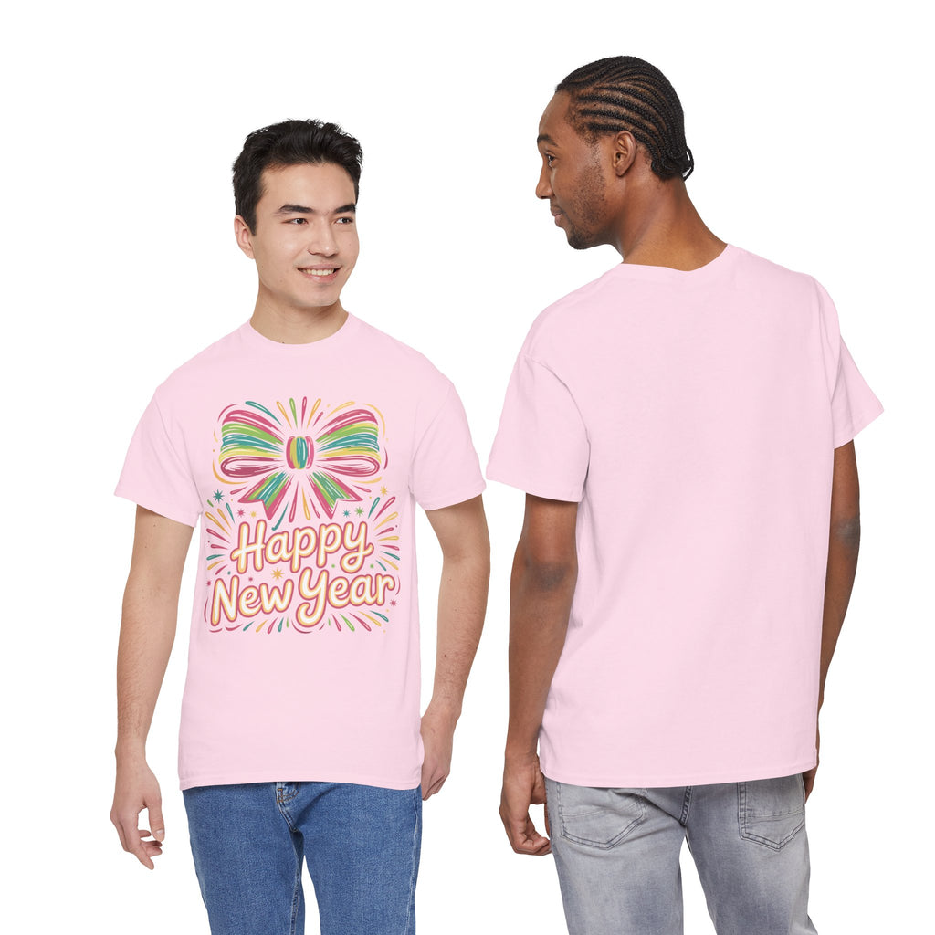 Happy New Year Pastel Tee — Rainbow Bow & Fireworks Celebration Unisex Cotton Tshirt
