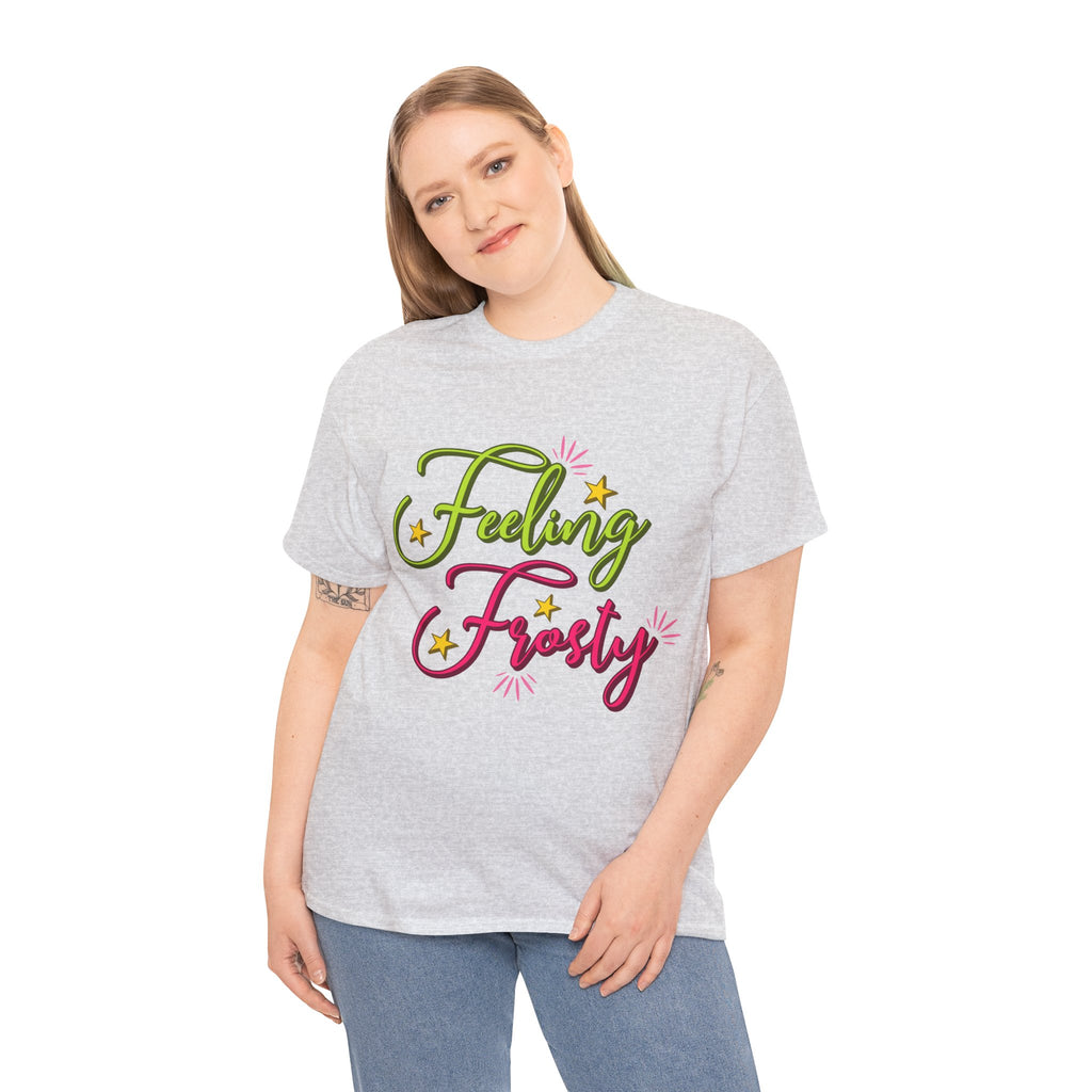 Feeling Frosty Holiday T-Shirt — Green & Pink Script Stars.Unisex Cotton Tee