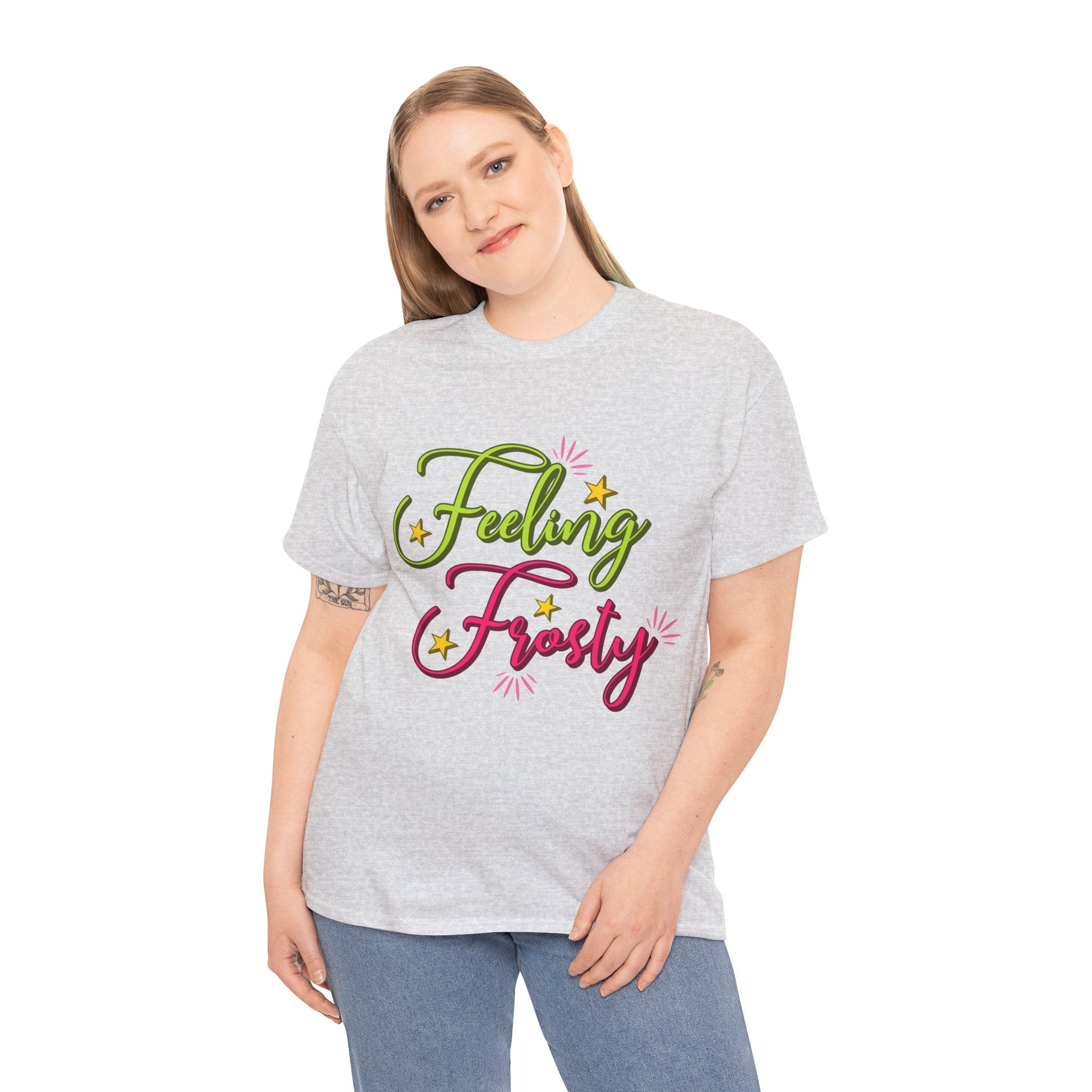Feeling Frosty Holiday T-Shirt — Green & Pink Script Stars.Unisex Cotton Tee