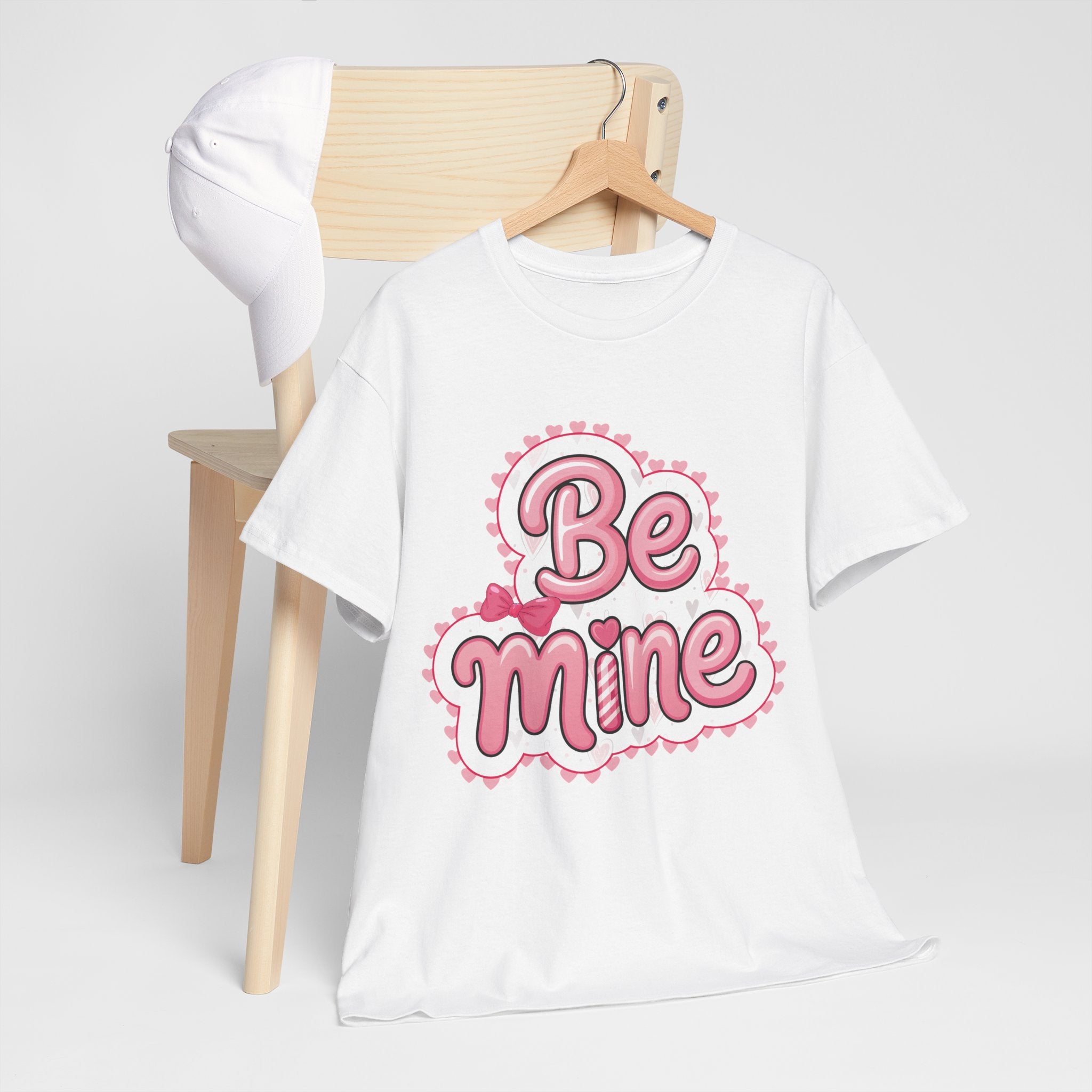 Be Mine Valentine T-Shirt — Pink Bubble Letters with Hearts & Bow..Unisex Cotton Tee
