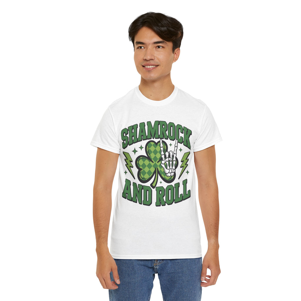 Shamrock and Roll Tee — Skeleton Hand & Lightning St. Patrick’s Rock Unisex Cotton Shirt