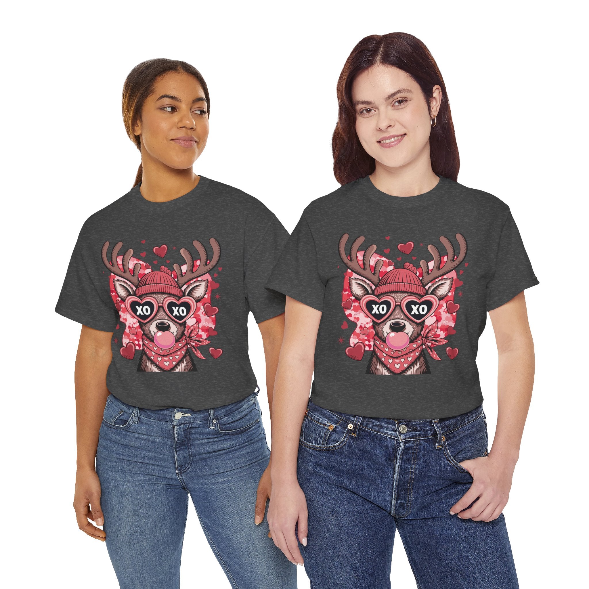 Valentine Deer Tee — Cute XO Heart Glasses, Beanie & Scarf Unisex Cotton Tshirt