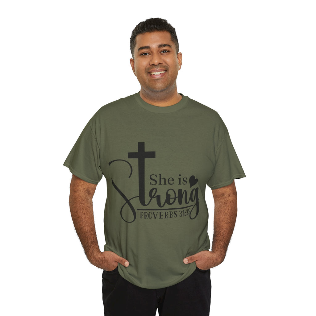 Proverbs 31:25 'She is Strong' T-Shirt – Christian Cross & Heart Unisex Cotton Tee