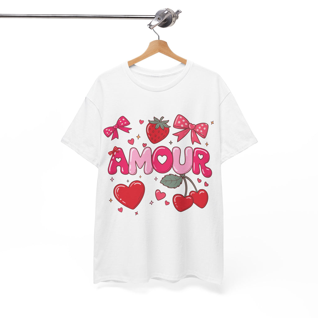Amour Pink Hearts Tee — Shiny Lettering with Bows, Cherries & Strawberry Accent...Unisex Cotton Tee