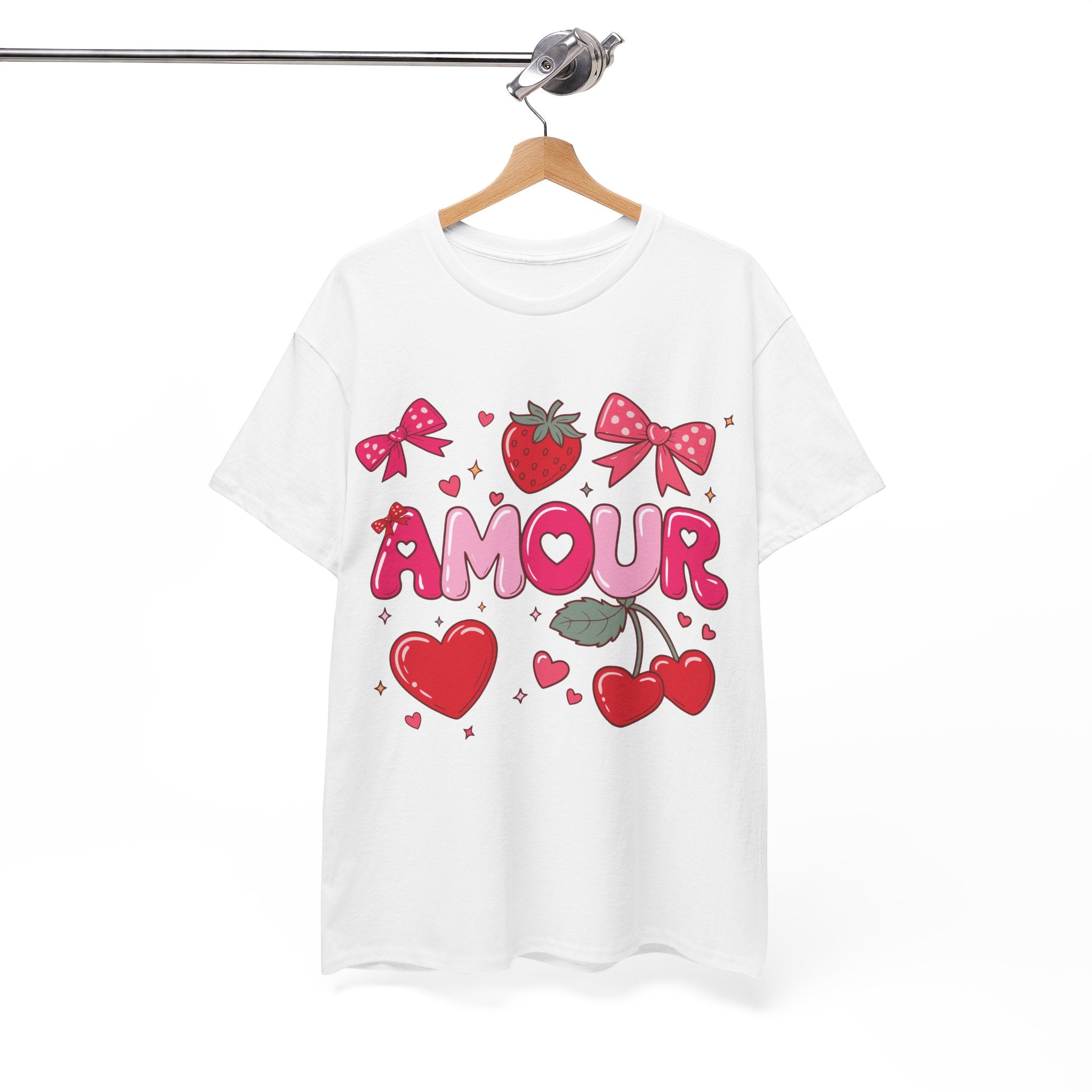 Amour Pink Hearts Tee — Shiny Lettering with Bows, Cherries & Strawberry Accent...Unisex Cotton Tee