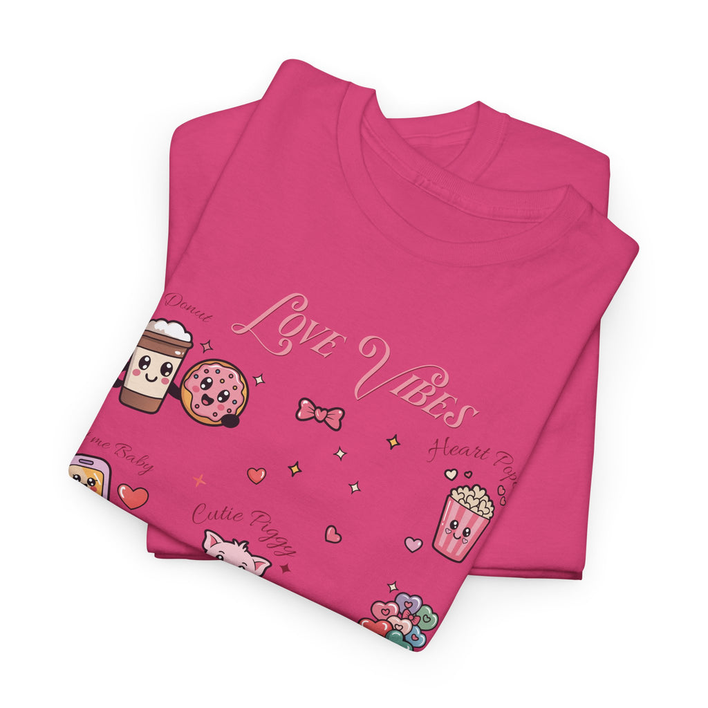 Love Vibes Kawaii Valentine T-Shirt — Cute Donut, Coffee & Piglet Design Unisex Cotton Tee