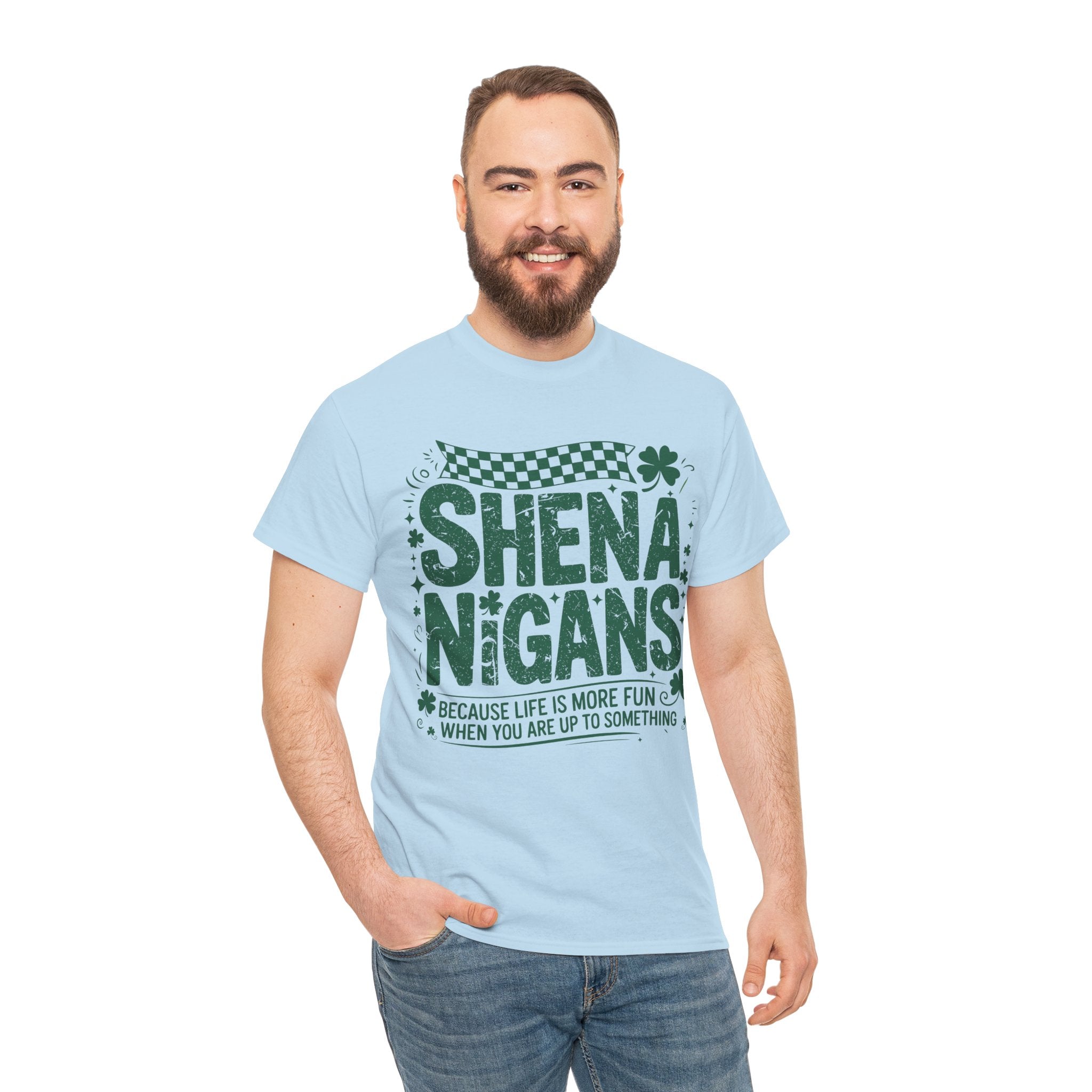 Shenanigans Clover Tee — Bright Green St. Patrick’s Day Shirt with Checkered Flag Unisex Cotton Tee
