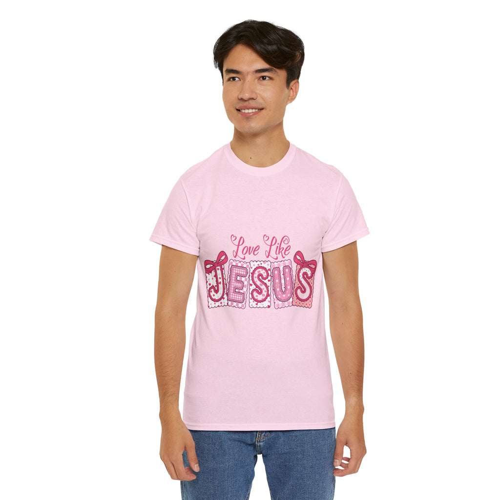 Love Like Jesus Patchwork Tee — Pink Stitched Heart Graphic.Unisex Cotton Tee