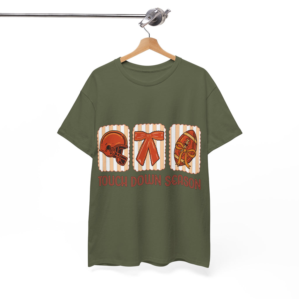 Touch Down Season Football Tee — Striped Fall Helmet & Bow Design Unisex Cotton Tee