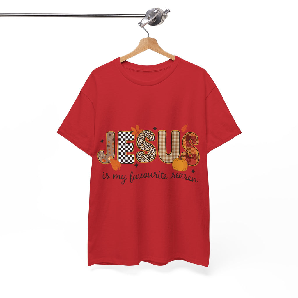 Jesus Is My Favorite Season Tee — Autumn Plaid & Leopard Lettering Unisex Cotton Tee