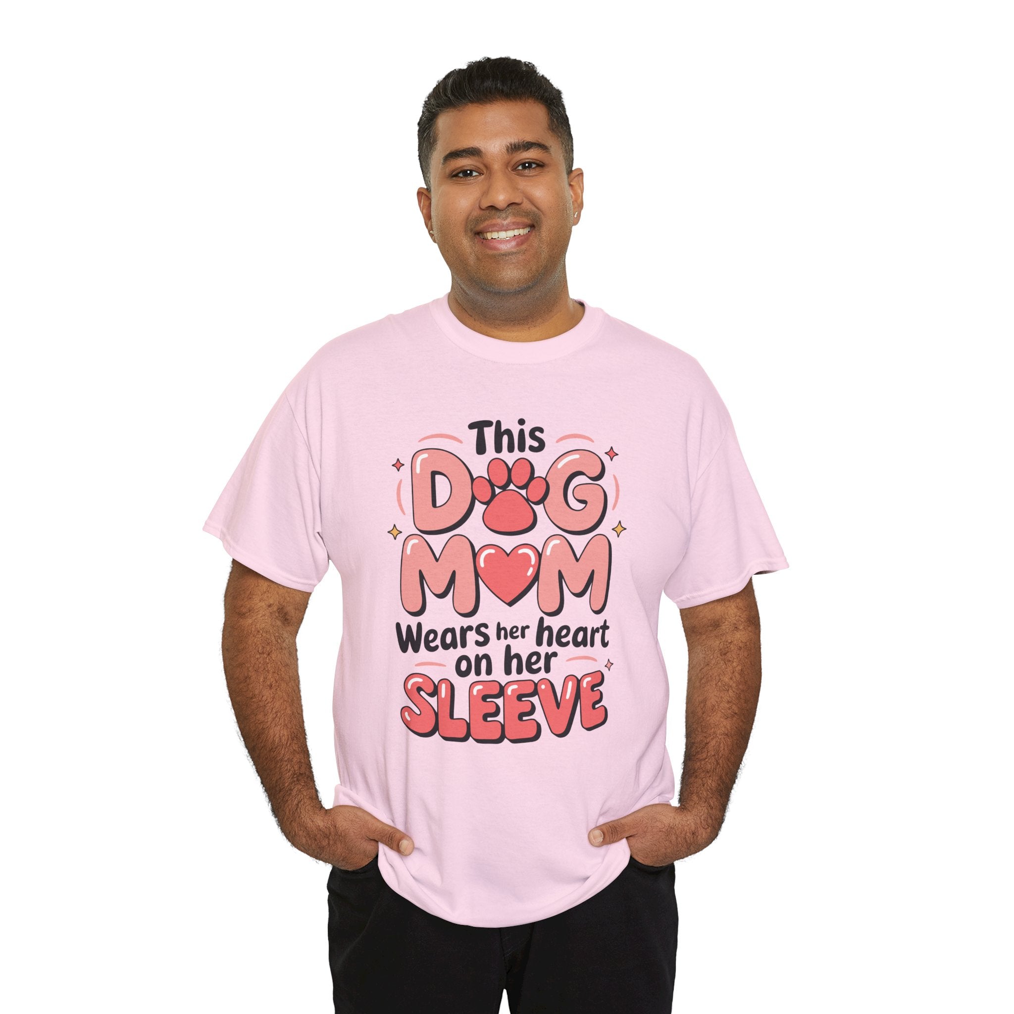 Dog Mom T-Shirt — "This Dog Mom Wears Her Heart on Her Sleeve" Paw & Heart Unisex Cotton Tee