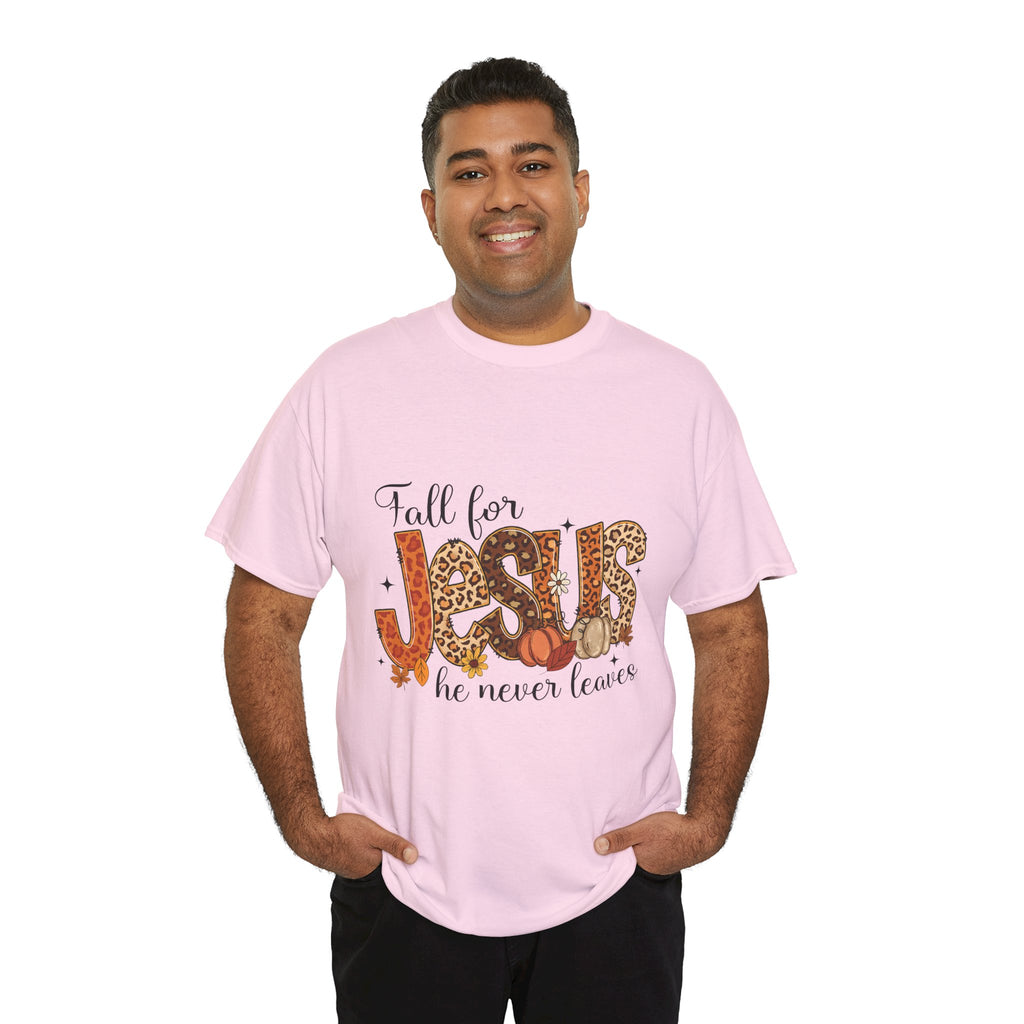 JESUS Leopard Print Fall T-Shirt — Pumpkins, Leaves & Floral Christian Unisex Cotton Tee
