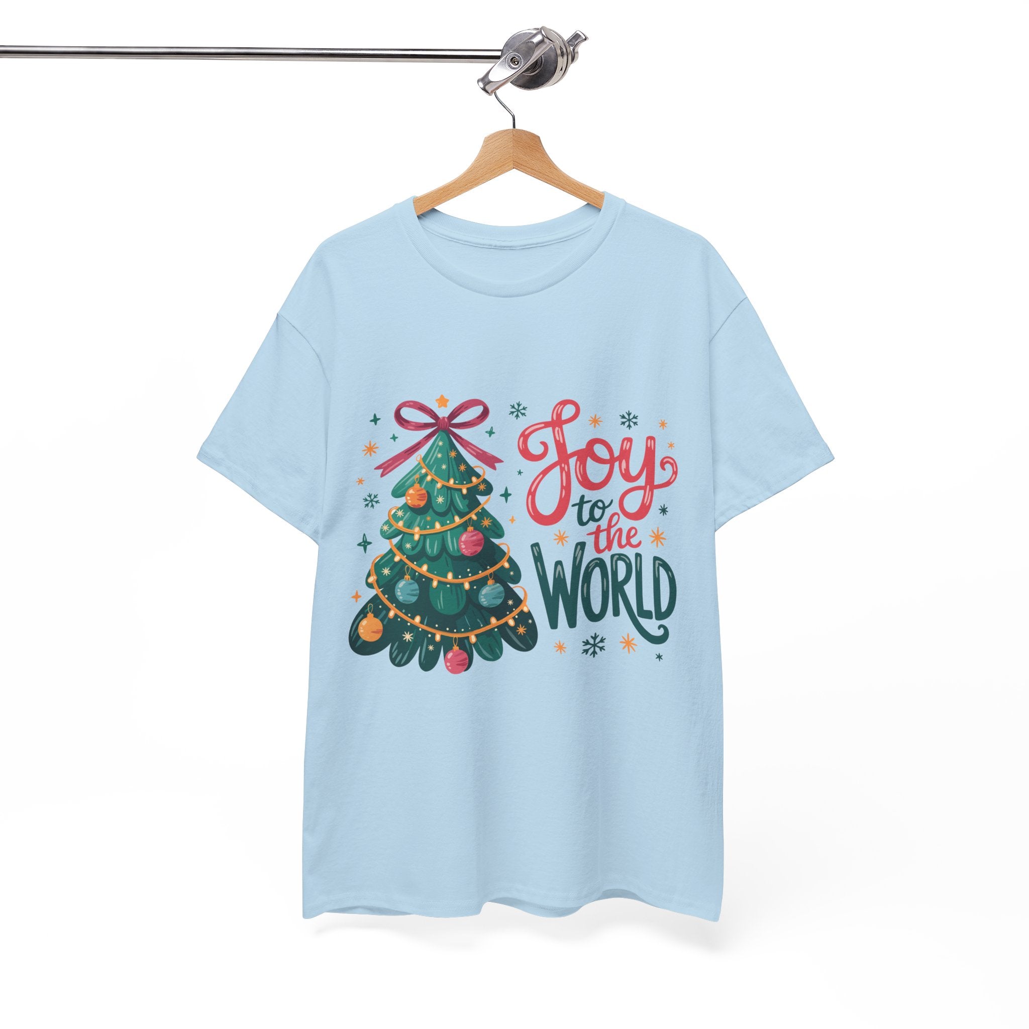 Joy to the World Christmas Tee — Festive Tree with Pink Bow..Unisex Cotton Tee