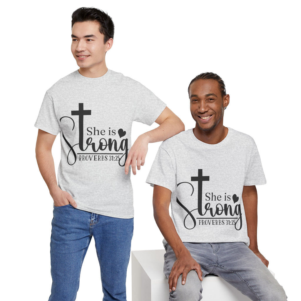 Proverbs 31:25 'She is Strong' T-Shirt – Christian Cross & Heart Unisex Cotton Tee