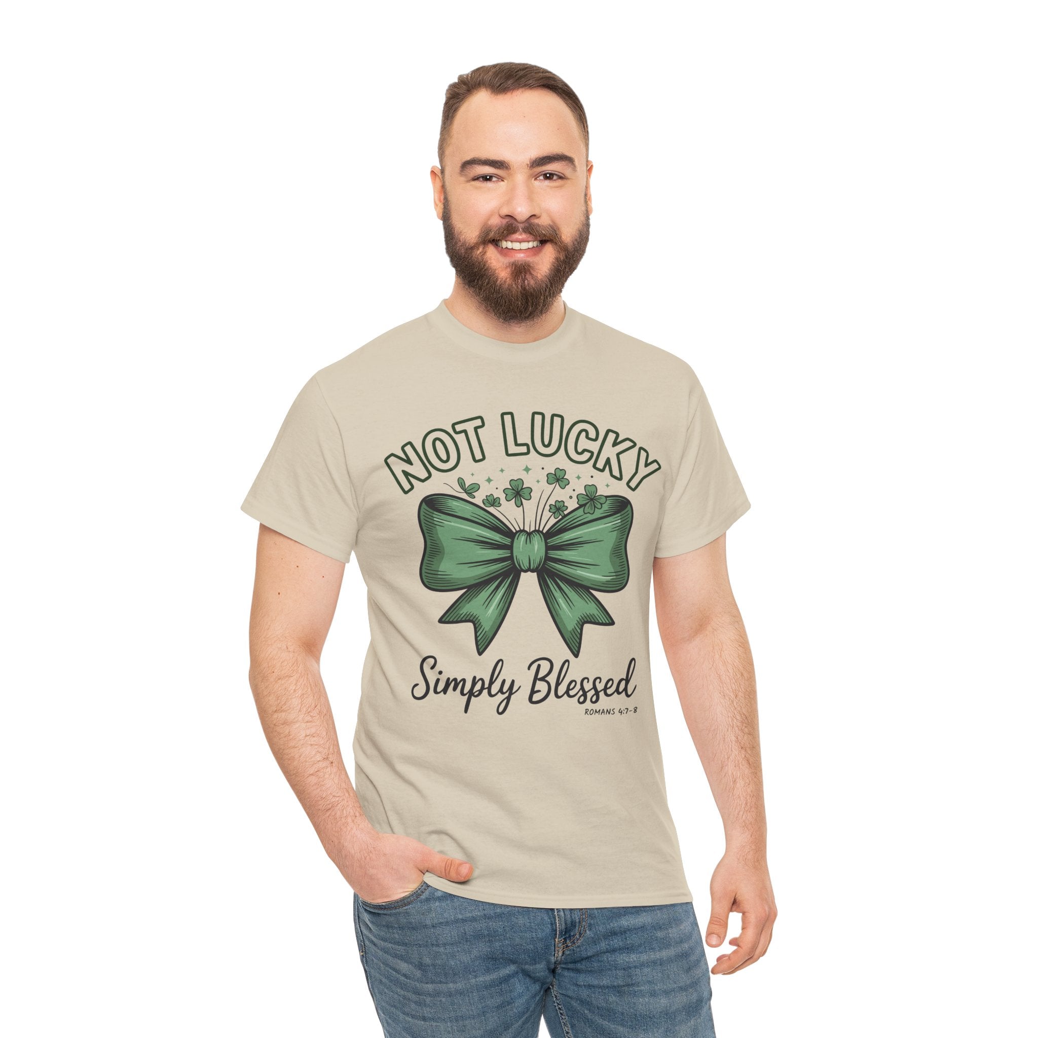 Not Lucky, Simply Blessed T-Shirt — Green Bow & Clovers St. Patrick’s Unisex Cotton Tee