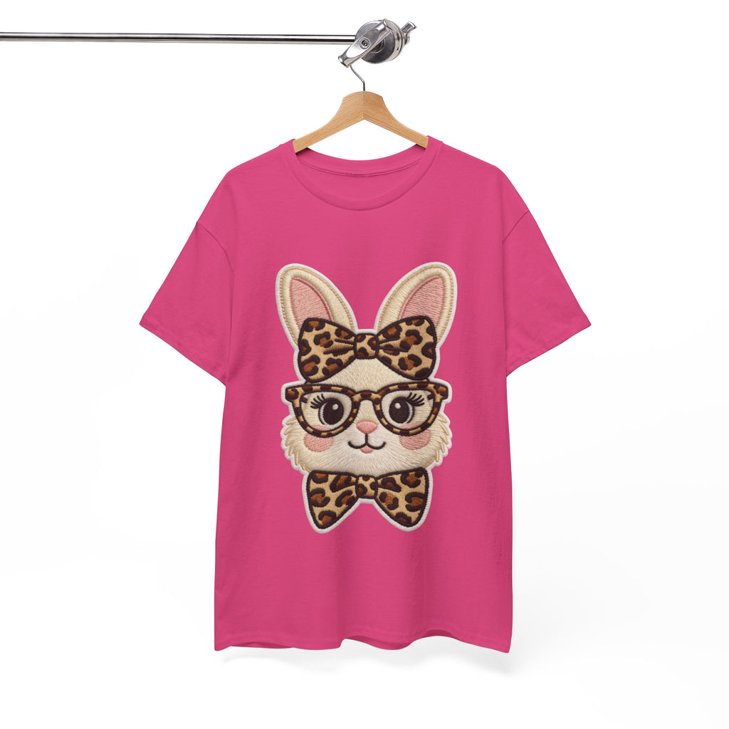 Leopard Bow Bunny Embroidered Tee — Cute Bunny Face with Glasses Patch Unisex Cotton Tee