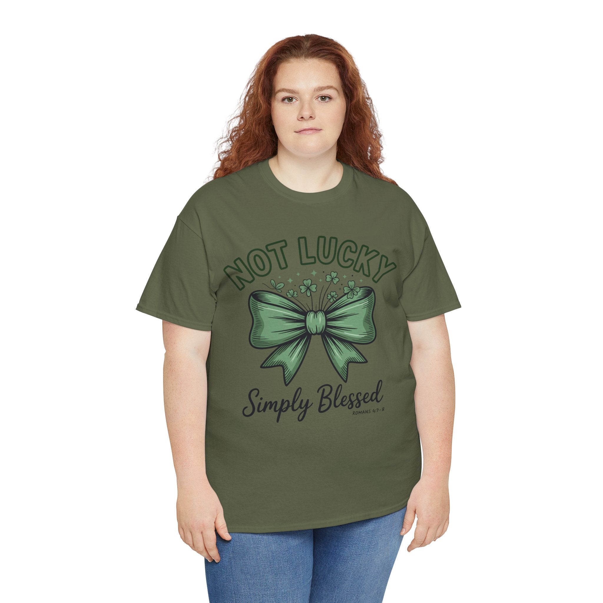 Not Lucky, Simply Blessed T-Shirt — Green Bow & Clovers St. Patrick’s Unisex Cotton Tee