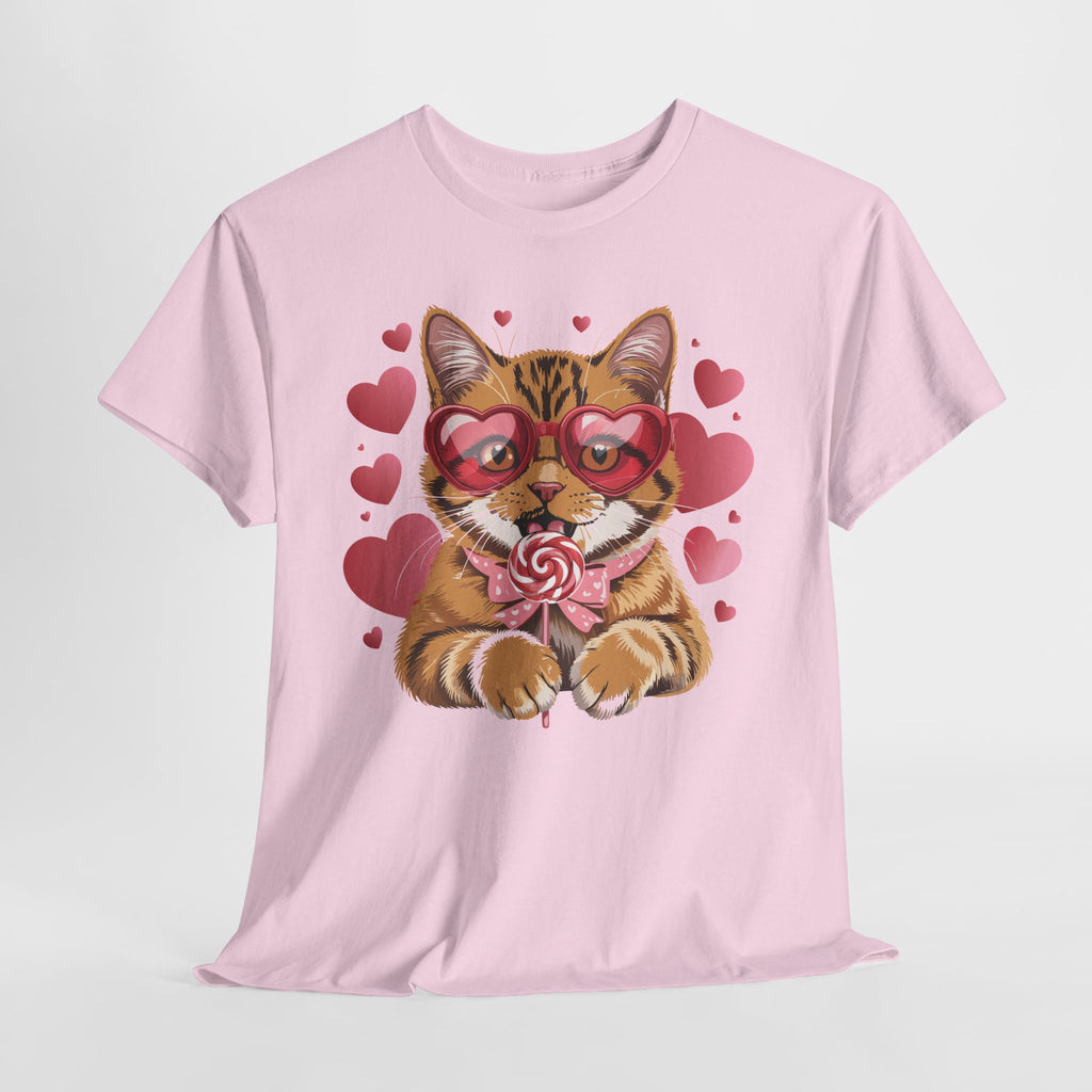 Valentine Cat Tee — Heart Glasses, Lollipop Bow Unisex Cotton Tee