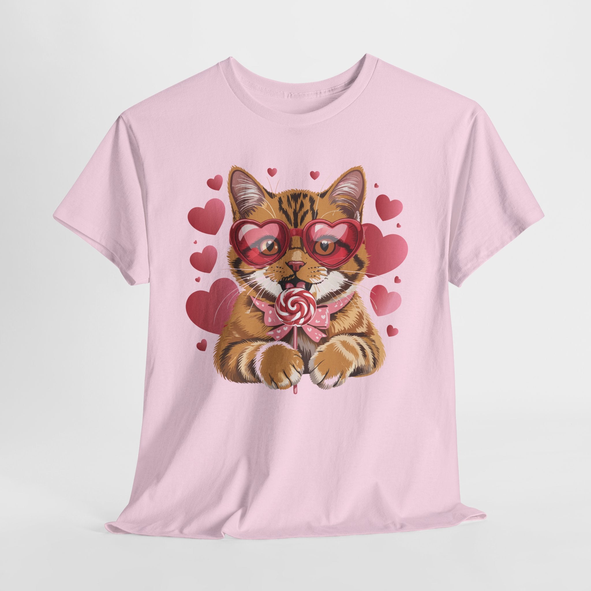Valentine Cat Tee — Heart Glasses, Lollipop Bow Unisex Cotton Tee
