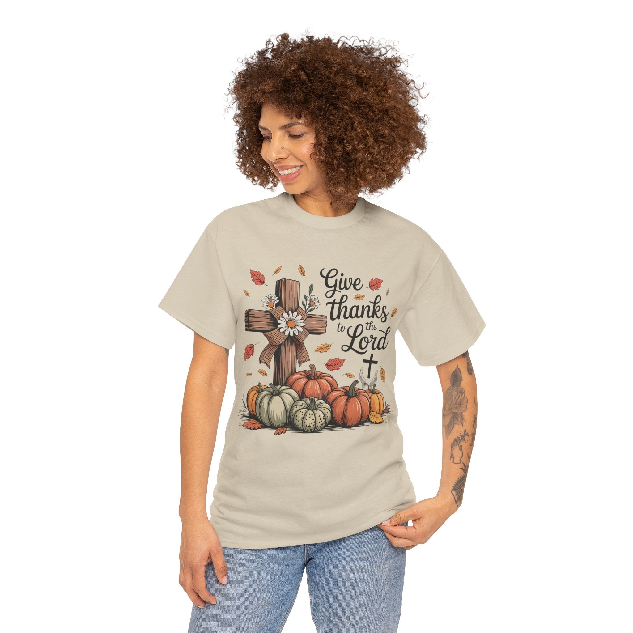 Give Thanks to the Lord Autumn Tee — Wooden Cross, Pumpkins & Daisies..Unisex Cotton Tee