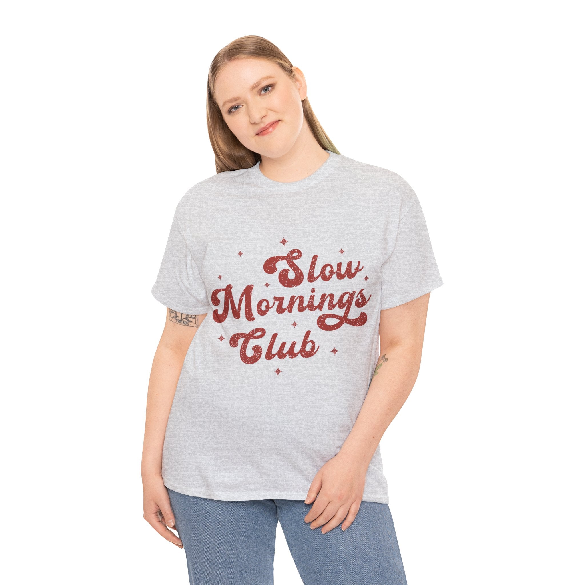 Slow Mornings Club T-Shirt — Retro Red Sparkle Unisex Cotton Tee