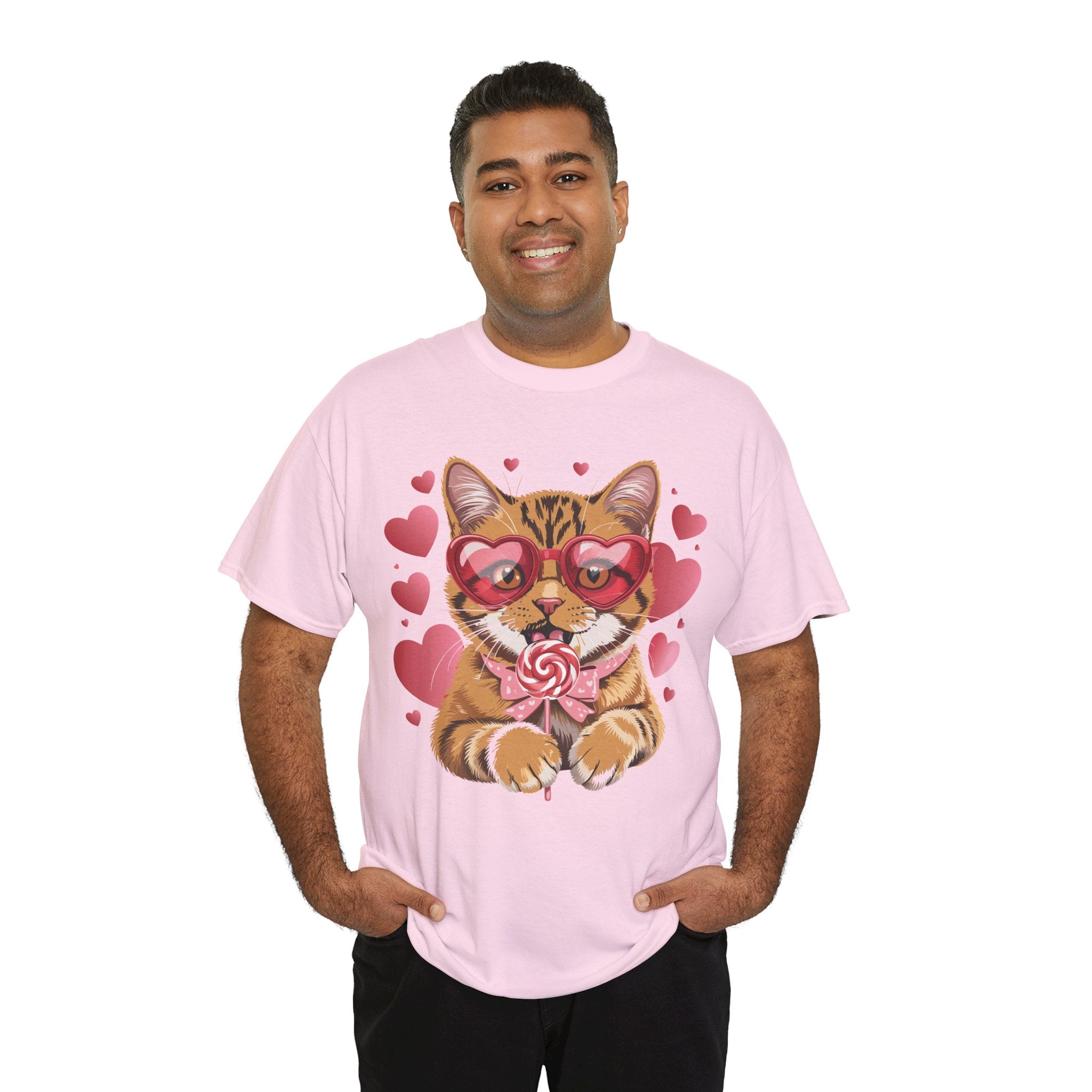 Valentine Cat Tee — Heart Glasses, Lollipop Bow Unisex Cotton Tee