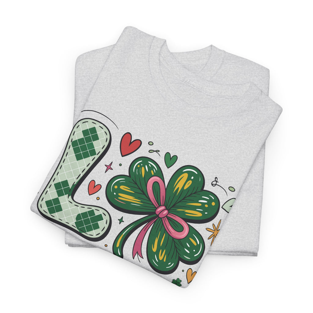 Stitched Clover 'LOVE' Tee — Heart & Patchwork St. Patrick's Unisex Cotton T-Shirt