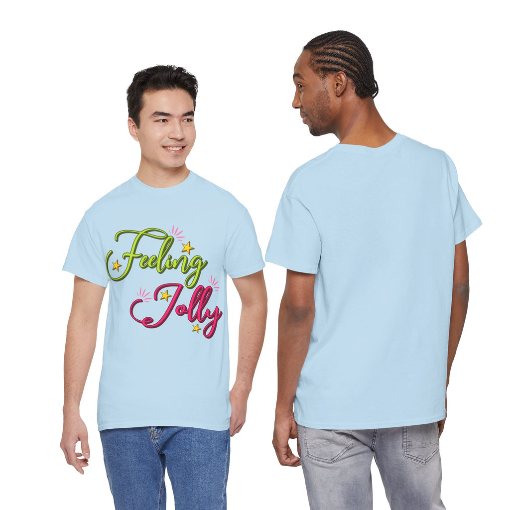 Feeling Jolly Tee — Festive Green & Pink Script with Yellow Stars Unisex Cotton Tee