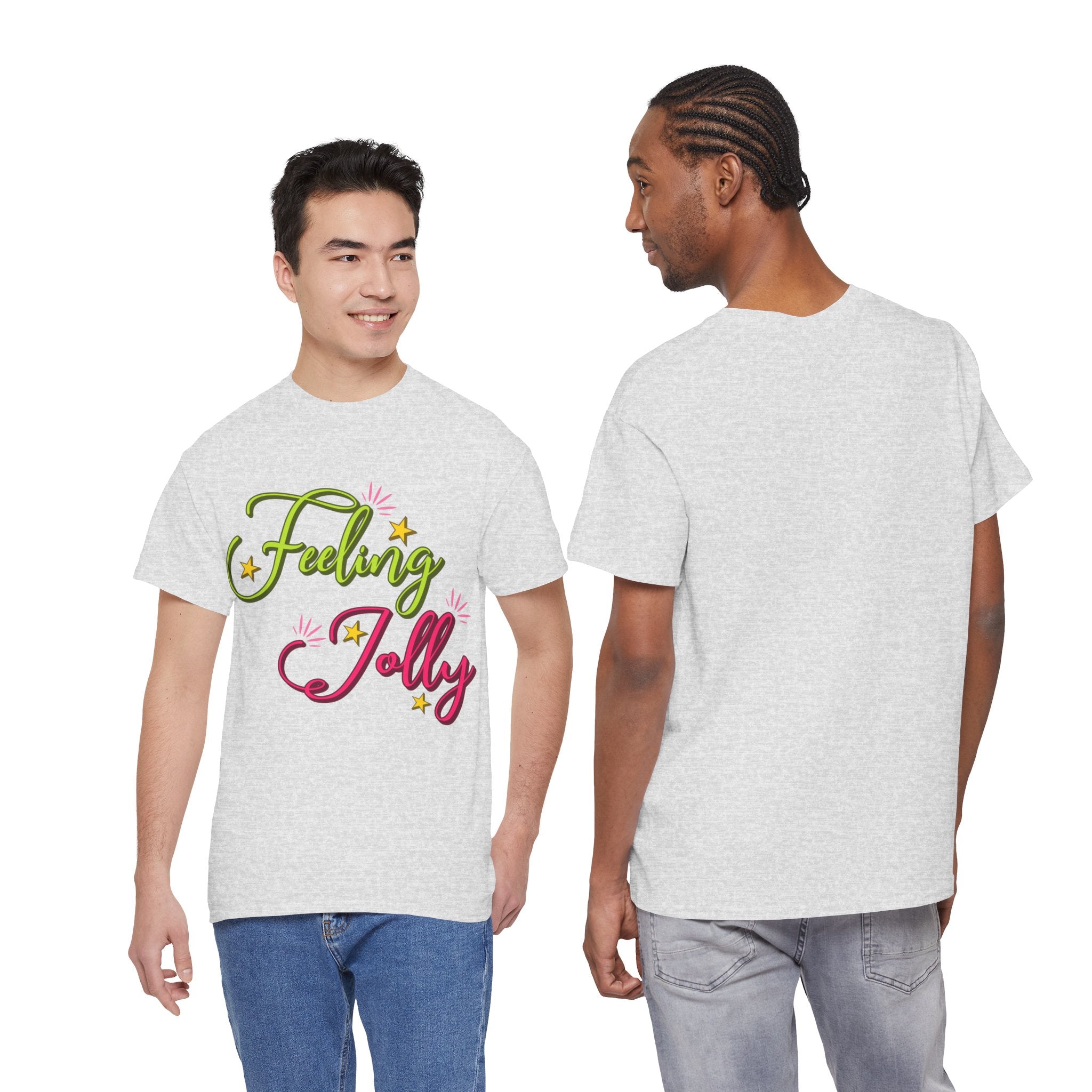 Feeling Jolly Tee — Festive Green & Pink Script with Yellow Stars Unisex Cotton Tee