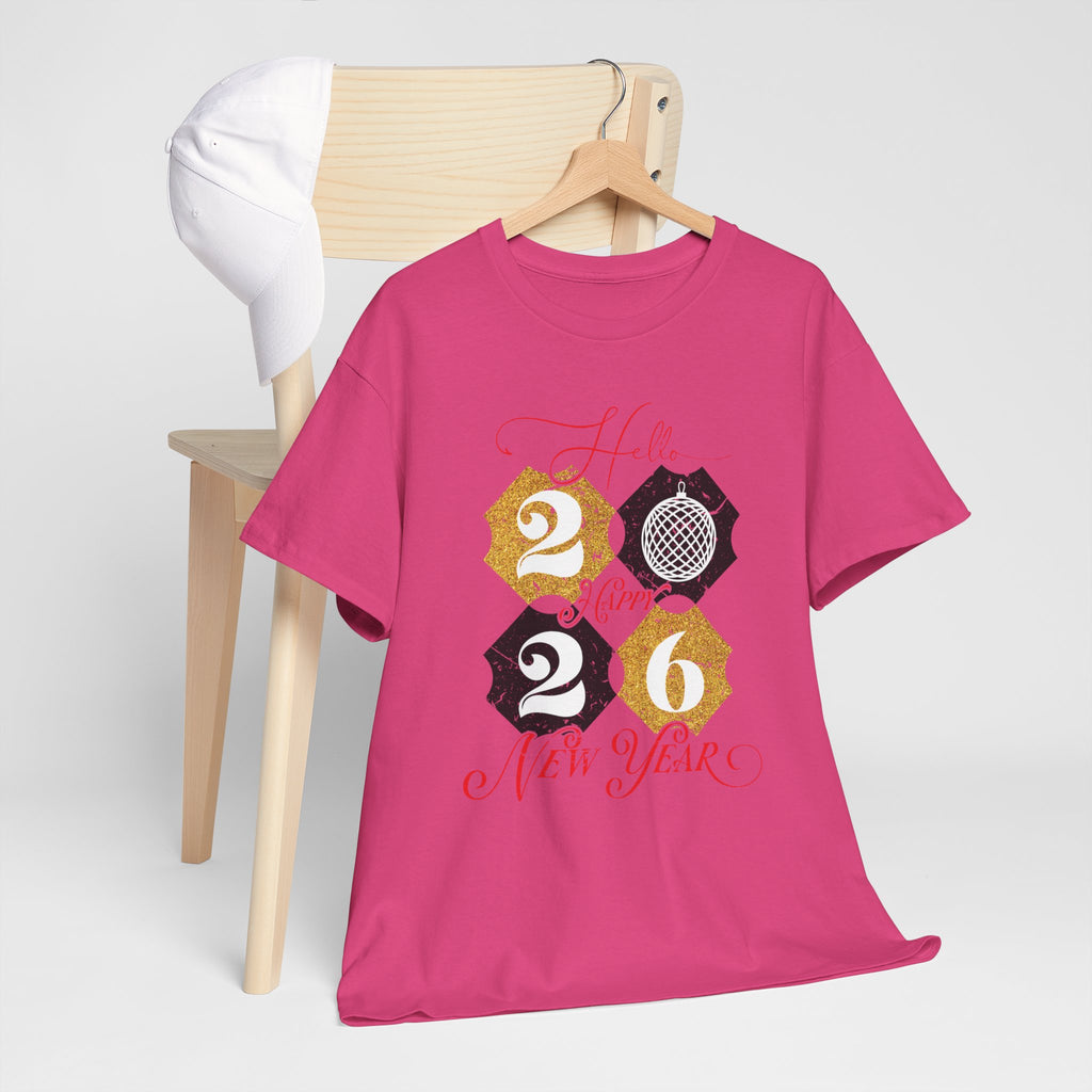 2026 Happy New Year Pink Varsity Tee — Fireworks Party Graphic.Unisex Cotton Tee