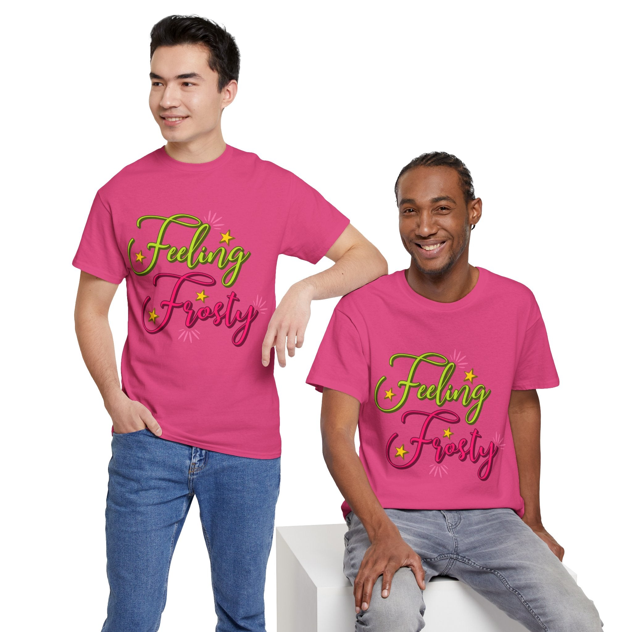Feeling Frosty Holiday T-Shirt — Green & Pink Script Stars.Unisex Cotton Tee