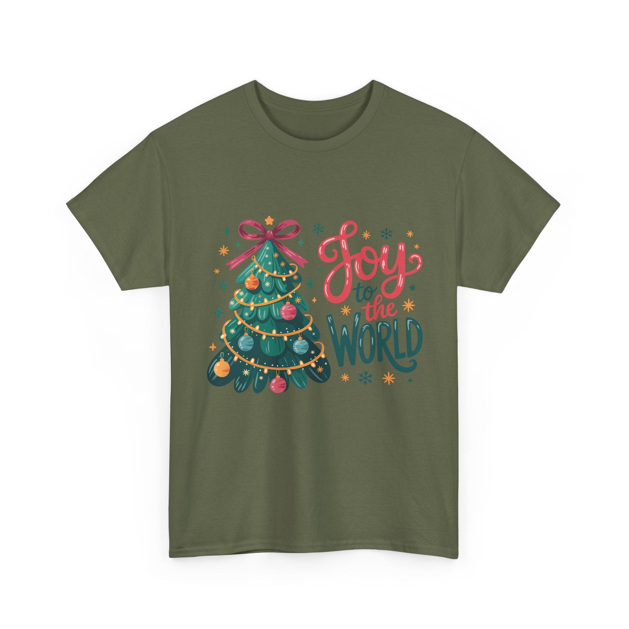 Joy to the World Christmas Tee — Festive Tree with Pink Bow..Unisex Cotton Tee