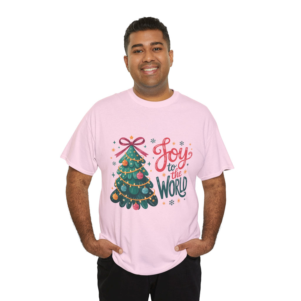 Joy to the World Christmas Tee — Festive Tree with Pink Bow..Unisex Cotton Tee