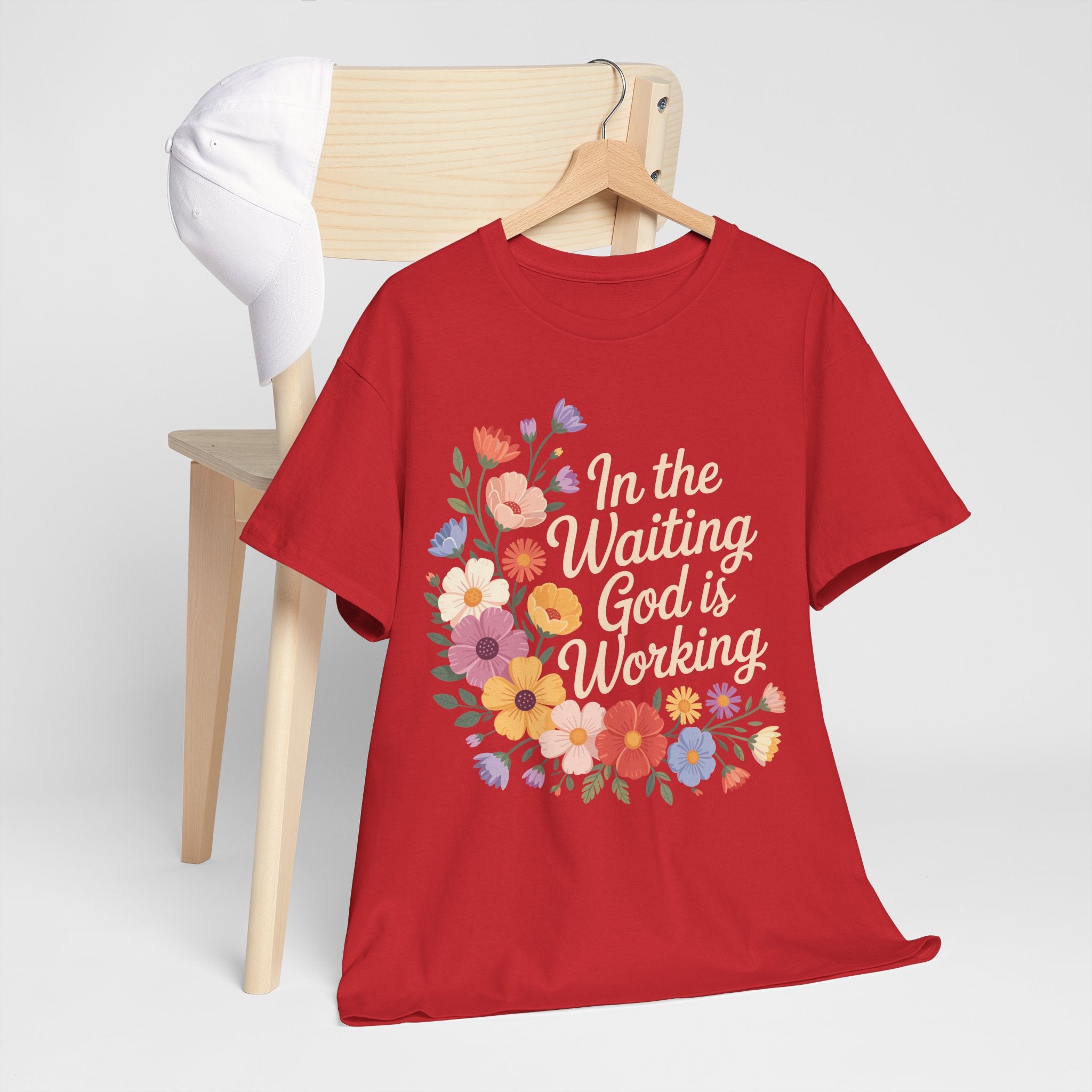 Pastel Floral “In the Waiting God Is Working” Unisex Cotton T-Shirt