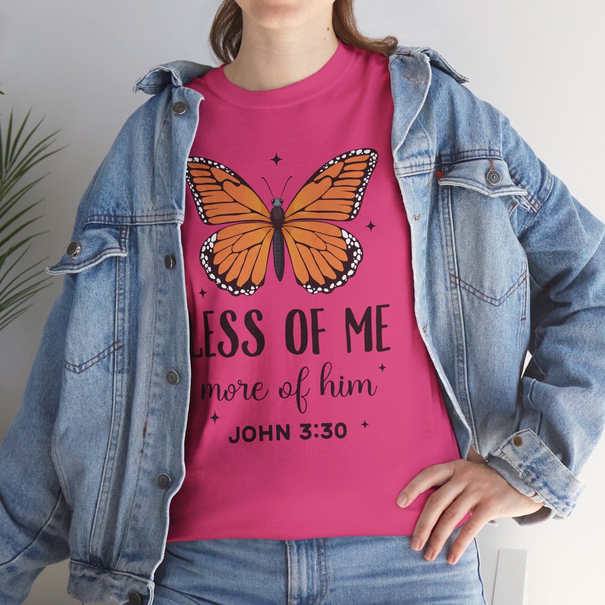 Monarch Butterfly Tee — "Less of Me, More of Him" Christian Unisex cotton T‑Shirt