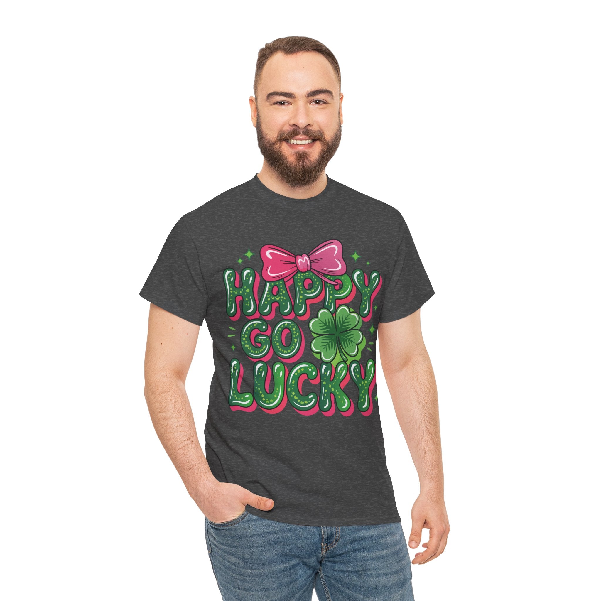 Happy Go Lucky Four-Leaf Clover Tee — Glossy Green Letters & Pink Bow Unisex Cotton Tee