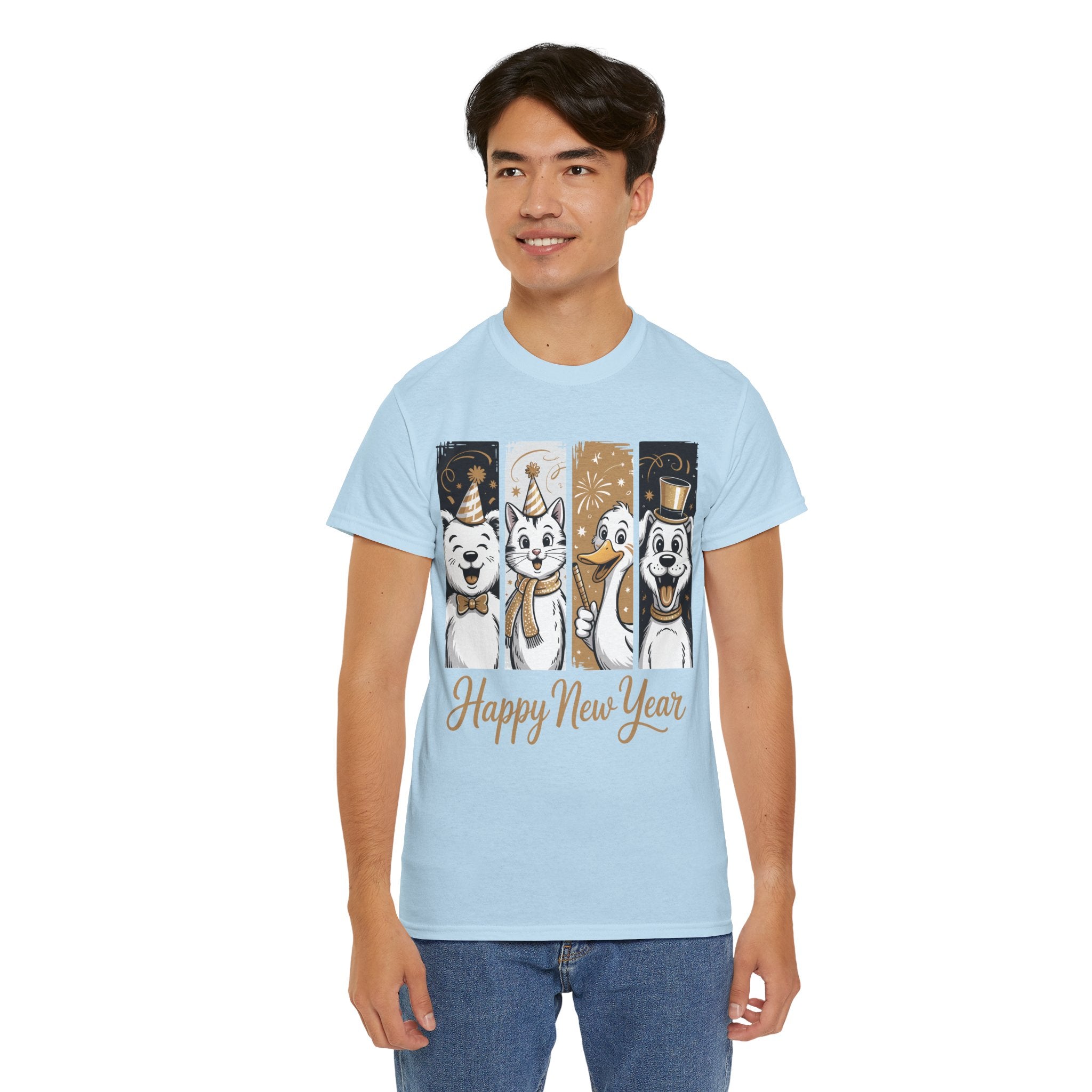 Happy New Year Party Animals T-Shirt — Cute Smiling Animals in Party Hats & Gold Fireworks..Unisex Cotton Tee