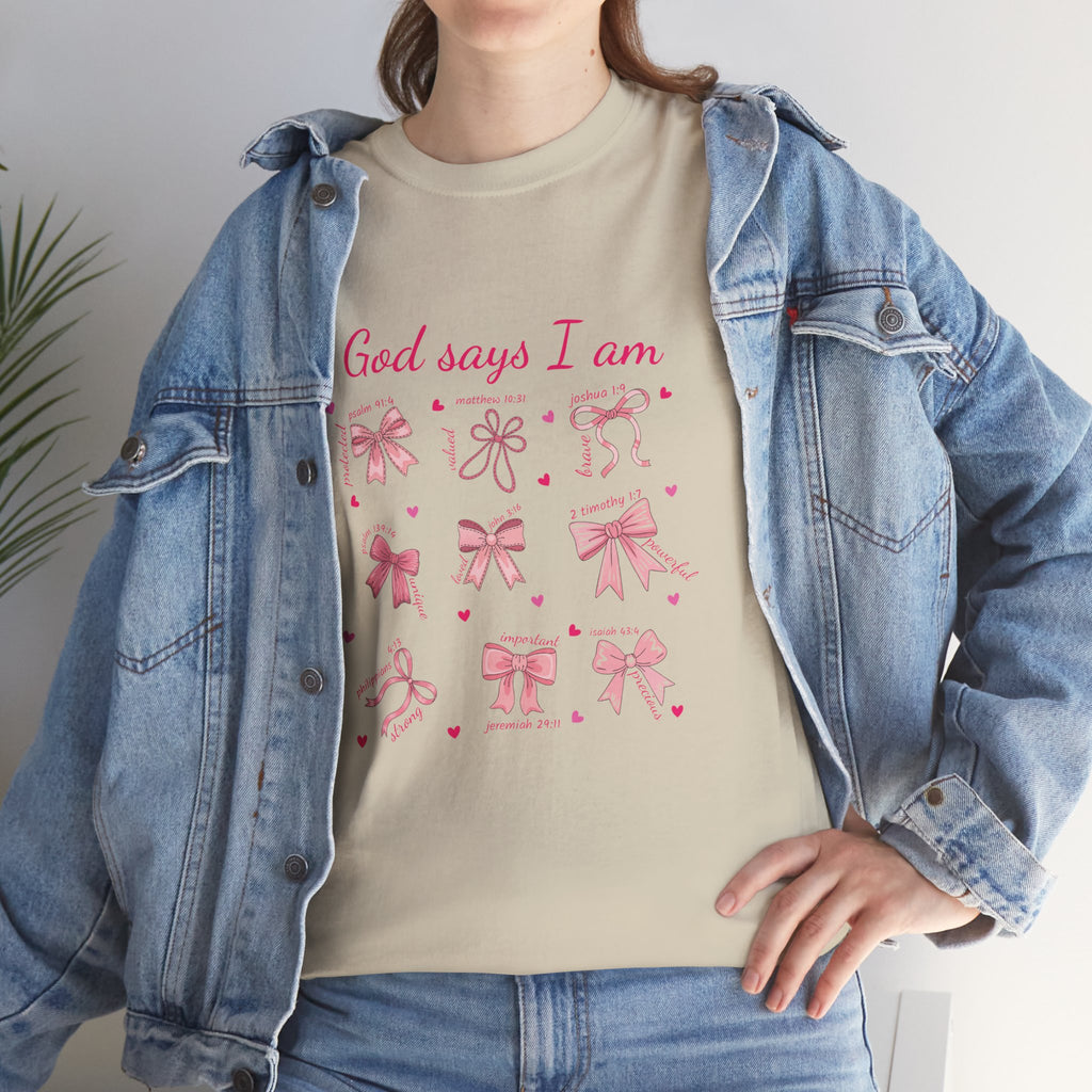 God Says I Am Pink Bow Tee — Faith-Based 'Loved, Brave, Strong' Unisex Cotton Shirt