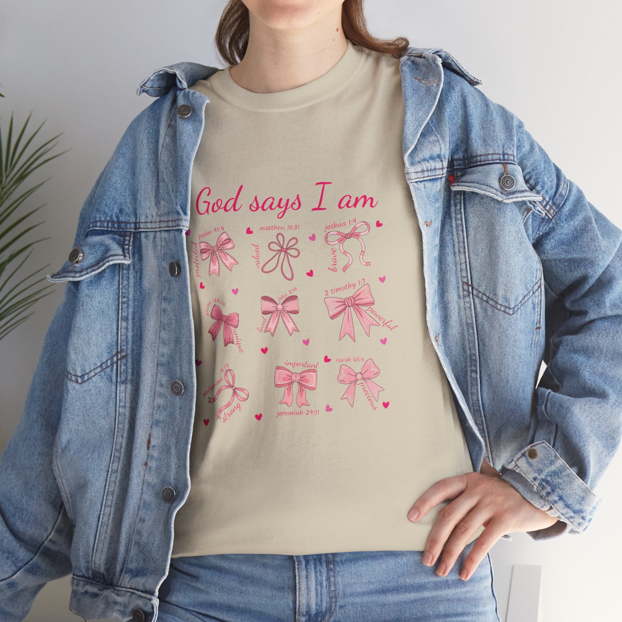 God Says I Am Pink Bow Tee — Faith-Based 'Loved, Brave, Strong' Unisex Cotton Shirt