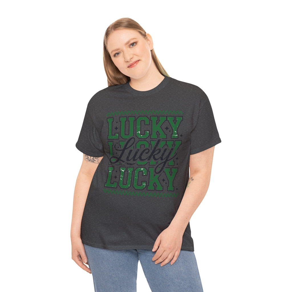 Lucky Varsity Tee — Layered Green ‘Lucky’ Graphic Unisex Cotton Tee