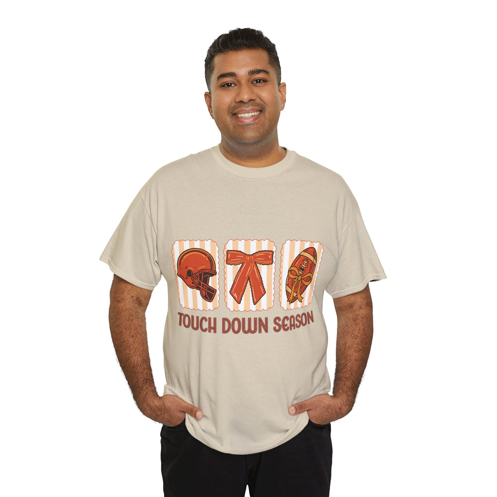 Touch Down Season Football Tee — Striped Fall Helmet & Bow Design Unisex Cotton Tee